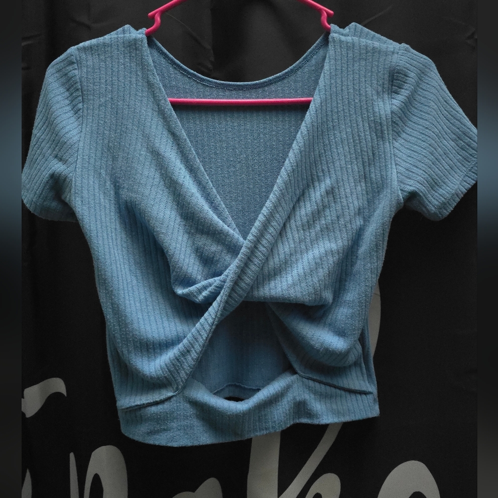 Blue Ribbed Knit Crop Top